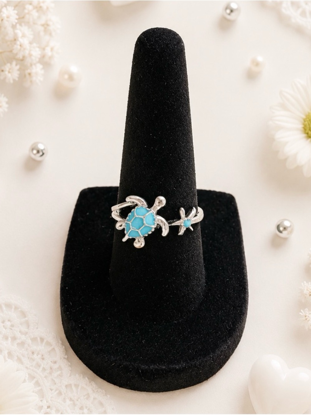 Silver Tone Turtle Ring with Turquoise Accent - Blue size 6